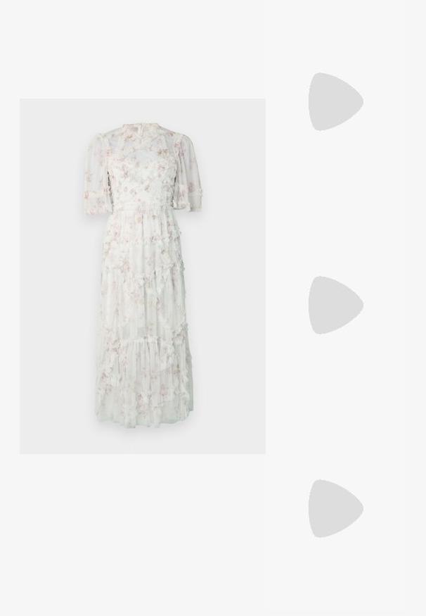 Maxi dress in sheer white fabric with pastel floral pattern, ruffled layers, and puff sleeves. Features a fitted waist and back zip closure.; Black patent slingback heel with a pointed toe, featuring textured snake print, adjustable strap, and a short, textured block heel.; Black leather crossbody bag with two front pockets, gold buckles, zipper closure, and a slim strap. Textured surface and compact rectangular shape.; Gold-tone metal hoop earrings with a curved, elongated shape. Features a smooth, shiny surface and a rounded tip for added detail.