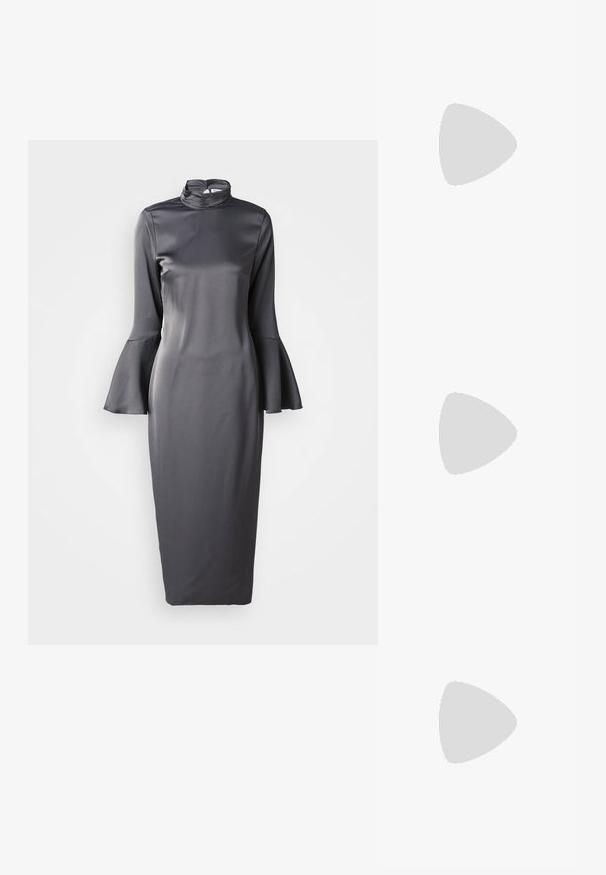 Grå sateng midi-kjole med høy utringning, lange klokke-ermer og en slank passform, med en glatt tekstur og minimalistisk stil.; Slingback høyhælte sko i blankt mørkebrunt patentlær, spiss tå, åpne sider og justerbar ankelrem.; Even&Odd Håndveske - brown; Sølv dråpeøreringer med firkantet studs, med en glatt, polert overflate og en tåreformet design som reflekterer lys med en blank overflate.
