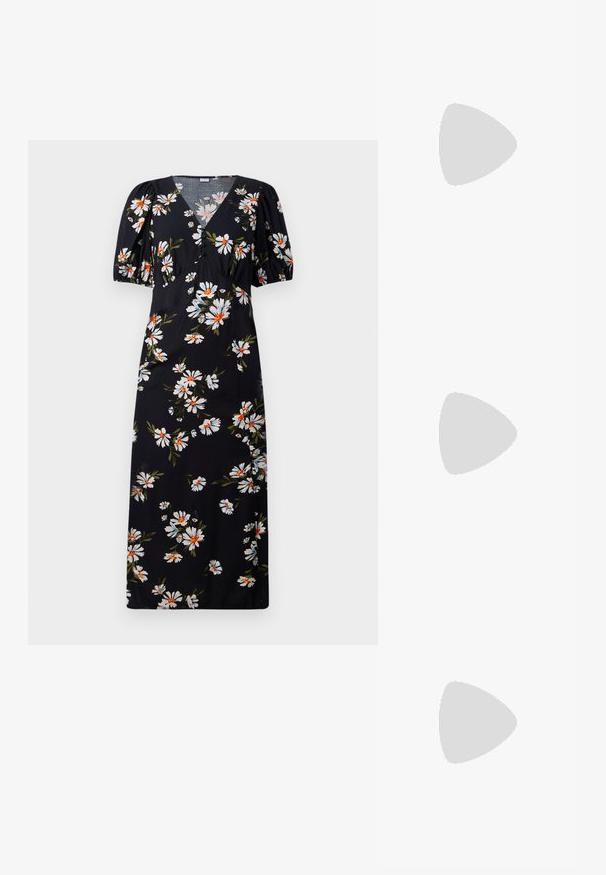 Musternig musta kleit valgete ja oranžide karikakarde printidega, V-kaelus, lühikesed puhvärviga varrukad ja nööbiga detail rinnal.; Kitsas toe kõrge kontsaga kingad, millel on hõbedane, kuldne ja nude värvilahendus. Läikiv viimistlus lõikekujundusega, stiletto konts.; Hõbedane metallikoti kott pehme, ümar kuju ja sõlme ülemise sulgemisega. Valmistatud siledast kunstnahast materjalist.; Hõbedased rõngaskõrvarõngad keerutatud disainiga, millel on poleeritud viimistlus ja posti-tagune sulgemine. Diameeter umbes 3 cm.
