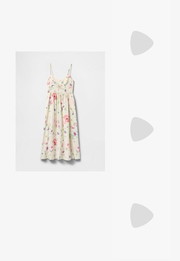 Kremna brezrokavnica midi obleka z rožnatim, rdečim, vijoličnim in zelenim cvetličnim potiskom ter tankimi nastavljivimi naramnicami.; Bele begaste usnjene slingback čevlje z ostrim nosom in nizkim blokastim peto. Imajo diskreten trak z zlatim podrobnostim s sponko.; Črna usnjena torbica s ukrivljeno obliko, z odstranljivo naramnico in zlatimi dodatki. Torbica ima pokrov s podrobnostmi v obliki zaponke.; Zlato obarvani uhani z teksturiranimi, valovitimi oblikami. Vključujejo skulpturalne sponke za ušesa in odprto obliko obročka s kladivastim finišem.