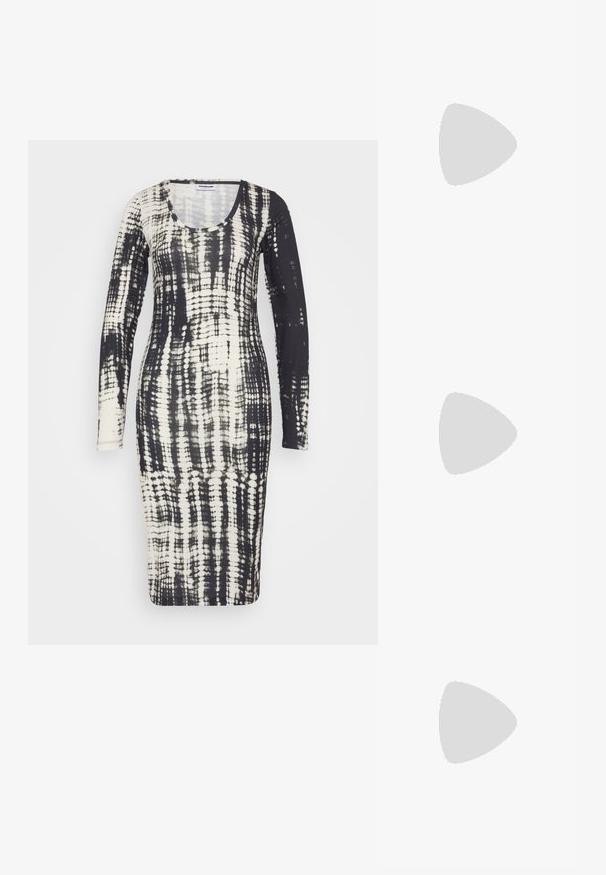 Long-sleeve dress in black and cream tie-dye pattern, featuring a scoop neckline and fitted silhouette, made of soft and stretchy fabric.; Black patent leather slingback heels with a pointed toe and a geometric block heel. Features a sleek, minimal design and smooth texture.; Beige handbag made of soft material, featuring a slouchy design, stitched detailing, and two shoulder straps. Suitable for everyday use.; Gold-tone earrings featuring textured, wavy shapes. Includes sculptural clip-on studs and open hoop design with a hammered finish.