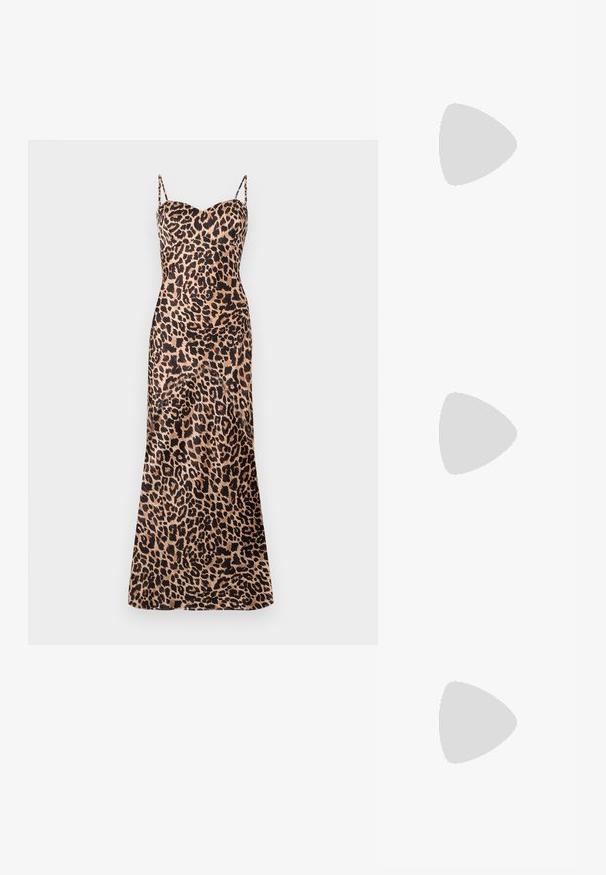 Leopard print maxi dress with thin adjustable straps, a sweetheart neckline, and a smooth, satin-like texture.; Black flat sandal featuring slim, crossed straps and a buckle closure. The design is minimalist with a flat sole and square toe.; Black leather crossbody bag featuring a smooth texture, rectangular shape, and a metallic chain detail on the front. Adjustable strap included.; Gold hoop earrings featuring a textured design with three clear crystal accents on one side, offering a modern geometric aesthetic.