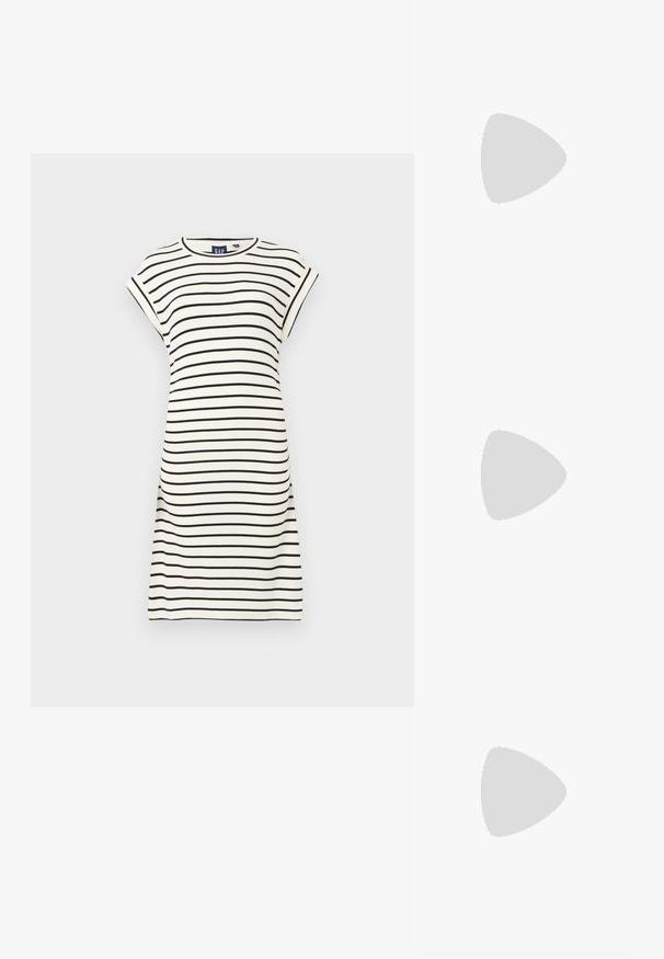 Vestido de manga curta, com decote redondo, em branco com riscas horizontais pretas. Material em algodão, corte descontraído, comprimento até ao joelho. Detalhes de costura simples.; Camiseta de algodão branca com um grande gráfico de lagosta vermelha brilhante na frente. Mangas curtas e design de gola redonda padrão.; Sapatilha alta de tela branca com sola de borracha preta, bico de borracha na frente e seis ilhós para os atacadores, apresentando um design limpo e minimalista.; Bolsa de mão em couro vermelho com um design angular e geométrico. Apresenta uma única alça ajustável e um fecho com aba, com detalhes cosidos.