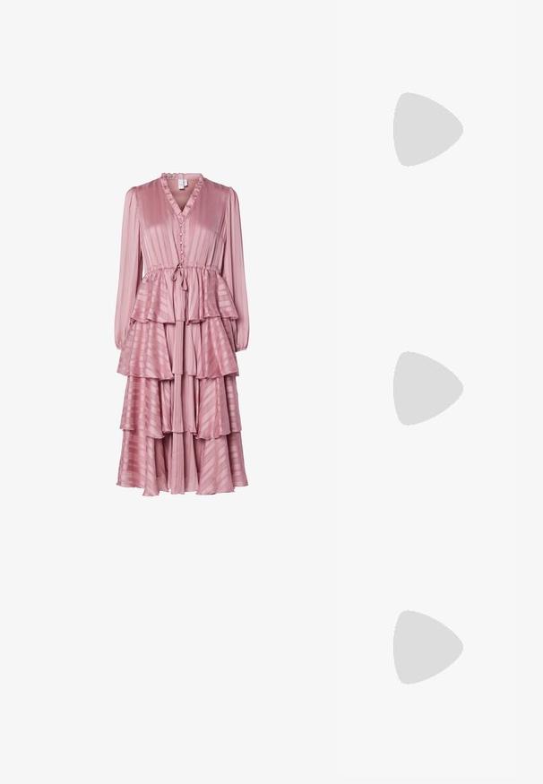 Long pink dress with a V-neck, ruffled collar, button closure, tiered layered design, and vertical stripes in a lightweight material.; Pointed-toe high heel shoe with a silver, gold, and nude color scheme. Glossy finish with cutout design, featuring a stiletto heel.; Silver metallic pouch bag with a soft, rounded shape and a knotted top closure. Made from smooth faux leather material.; Silver hoop earrings with a twisted design, featuring a polished finish and post-back closure. Measure approximately 3 cm in diameter.