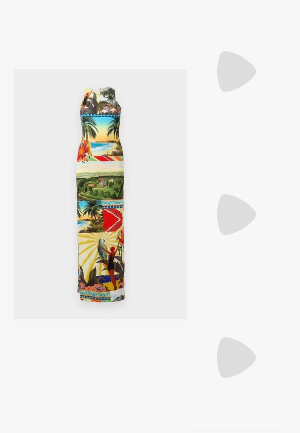 Rochie maxi cu un imprimeu grafic vibrant ce prezintă peisaje tropicale, păsări și flori; design fără mâneci cu decolteu rotund, multicolor.; Pantof cu toc mic, cu vârf ascuțit și slingback, realizat din piele netedă, având un design decupat pe lateral pentru respirabilitate.; Geantă de umăr din piele neagră cu o textură moale, formă triunghiulară și curea ajustabilă, asortată cu o bluză cu dungi albastre deschise și pantaloni albi.; Colier placat cu aur, cu un accent central neted și curbat. Dispune de o chaină flexibilă cu un închizător tip homar și link-uri suplimentare ajustabile.