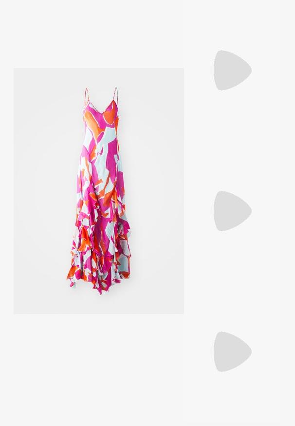 Maximekko, jossa on ohuita olkaimia, kirkkaan vaaleanpunainen, oranssi ja sininen abstrakti kuvio, röyhelöhelma, kevyt kangas, virtaava muotoilu.; Kimallellinen kultainen slingback-korkokenkä, jossa on teräväkärkinen muoto, ohut nilkkastrappi ja kapea korko. Pintamateriaali on teksturoitu metallinen.; Vaaleanpunainen tekonahkainen käsilaukku, jossa on ohut olkahihna ja kullansävyinen logo. Silkkinen pinta, jossa on vetoketjukiinnitys ja tummat kontrastivälineet.; Kultaketjut korvakorut, joissa on kierretystä muotoilusta valmistettu solmu. Jokaisessa korvassa on pyöreä, kirkas tausta varman käyttömukavuuden takaamiseksi.