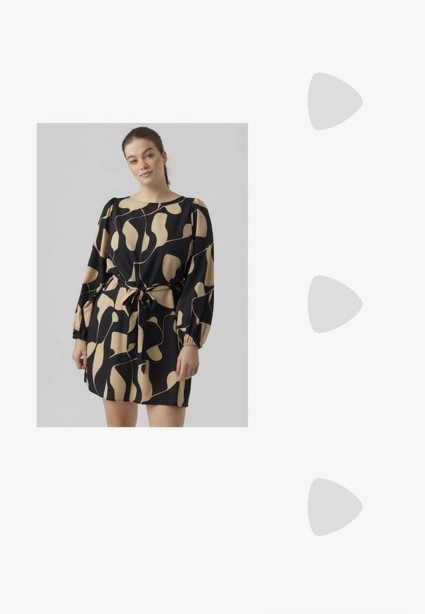 Juoda suknelė su abstrakčiu grietinėlės spalvos raštu, ilgomis pūstomis rankovėmis, su knotams juosmeniu ir apvaliu iškirpimu; lengvas audinys su tekstūruotu paviršiumi.; Juodi šlepetės su kvadratiniu pirštu ir žemu bloku kulnu. Yra keli ploni dirželiai ir reguliuojamas kulkšnies diržas. Pagaminti iš lygios odos.; Juodas odinis per petį nešiojamas krepšys turi lygų paviršių, stačiakampio formą ir metalinę grandinėlę priekyje. Pridedama reguliuojama dirželis.; Auksinio atspalvio auskarai su kreivės formos, lankinio dizaino, išryškintu sidabriniu rutuliniu akcentu. Poliruoto metalo apdaila, užsegimas su smeigtuku.