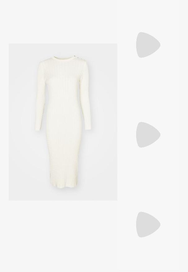 GANT MINI CABLE DRESS - Shift-haljina - cream; Bijele kožne tenisice s debelim bijelim potplatom, crnim zamšastim akcentom na peti i ugraviranim logom sa strane. Dizajn s vezicama i šest rupa za vezivanje.; Crne oversize sunčane naočale geometrijskog oblika, s tamnim staklima i kontrastnom sivom dekoracijom na okviru. Logo na dršci.; Srebro naušnice u obliku prstena s glatkom, sjajnom završnom obradom. Zaobljenog oblika, laganog dizajna, s kopčom na poleđini.