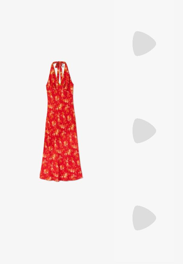 Red floral summer dress with a halter neck design, featuring a fitted bodice and flowing skirt, made of lightweight fabric with a smooth texture.; Black patent leather pointed-toe slingback stiletto heel shoe with a thin strap and gold buckle on a white background.; White leather handbag with a curved shape, adjustable strap, and a small buckle detail. Model wears a fitted black outfit.; Gold hoop earrings with a textured, irregular shape. Features a seamless closure and a polished surface finish, emphasizing a modern design.