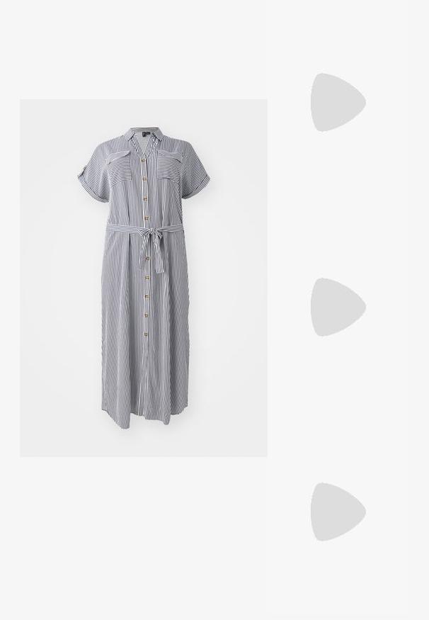 Svītrains, pogājams kleitas modelis ar īsām piedurknēm, jostu viduklī un divām krūšu kabatām. Krāsas: tumši zila un balta.; Lāču raksta slingback kurpes ar norādītu purngalu un caurspīdīgu bloku papēdi. Izgatavotas no spīdīgas masas ar gludu tekstūru.; Dzeltena austs kabata ar atloku dizainu, noņemamu plaukstas siksnu un zeltītu ķēdes akcentu. Gluda tekstūra un taisnstūra forma.; Sudraba riņķveida auss gredzeni ar gludu, pulētu apdari. Apaļa forma un drošs klikšķa augšējais slēgums. Viegls dizains, kas piemērots ikdienas valkāšanai.