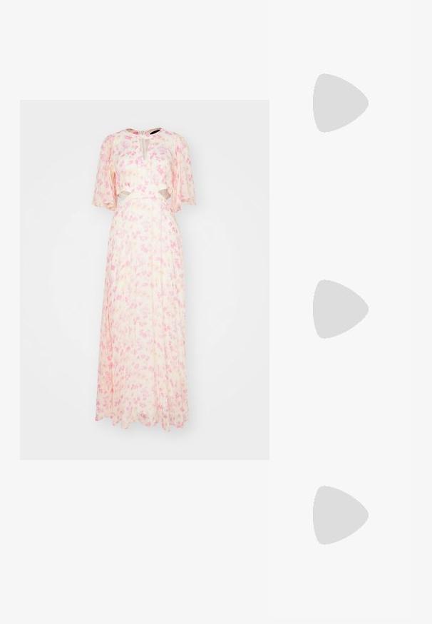 Maje RISOLIA - Festklänning - rose; Svart lacklädersplattork med fyrkantig tå, ankelrem med silverfärgad detalj och platt sula. Slät yta med minimalistisk design.; Maje MISS MINI - Axelremsväska - noir; Guldtonade örhängen med flera fallande kedjor, prydda med klara ovala rhinestone-accenter och dekorativa stuvar.