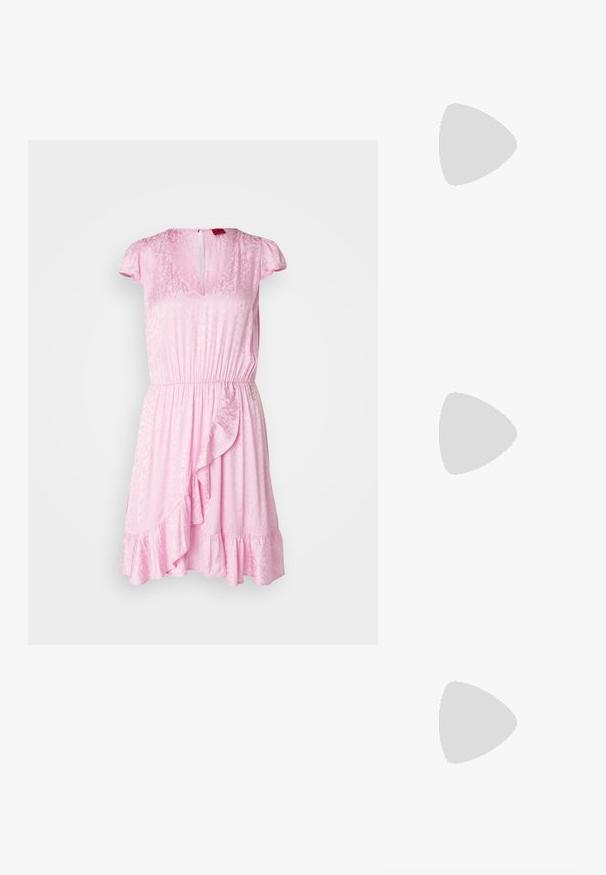 Pink dress with a V-neck, short cap sleeves, elastic waistband, and ruffled hem. Features a subtle textured pattern and back keyhole closure.; Black strappy sandal with a square toe and a low block heel. Features multiple thin straps and an adjustable ankle strap. Made of smooth leather.; Black leather crossbody bag featuring a smooth texture, rectangular shape, and a metallic chain detail on the front. Adjustable strap included.; Silver drop earrings with a square stud, featuring a smooth, polished finish and a teardrop shape, reflecting light with a glossy surface.