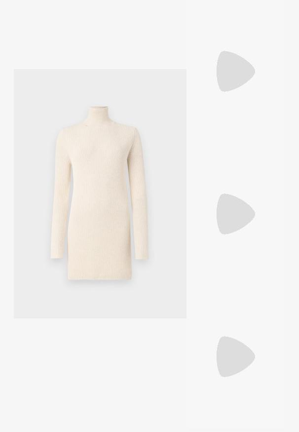 Kreemist värvi kõrge kaelusega kleit, mis on valmistatud soonikuga kudumist. Omab pikki varrukaid ja liibuvat lõiget, pakkudes sujuvat ja tekstuurset välimust.; Must musta musta, millel on terav nina, madal konts ja sile tekstuur. Omab pisut avatud osa ees ja minimaalset riistvara taga.; Mustad krokodillimustriga must nahast kott, millel on kõver kuju, kuldse riistvara aktsessid, reguleeritav rihm ning logodetail esiosas.; Kuldtoonilised metallist rõngas kõrvarõngad, millel on kõver ja piklik kuju. Omavad siledat, läikivat pinda ja ümarat tipptugevdust, mis lisab detaili.