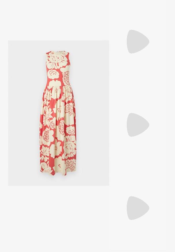 Maxi dress with a sleeveless design, red fabric featuring large cream floral patterns, and a gathered skirt for a flowing silhouette.; Beige flat sandal with multiple slender straps and an adjustable buckle. The sole is flat with a slight dark contrast at the edge.; Black leather crossbody bag featuring a smooth texture, rectangular shape, and a metallic chain detail on the front. Adjustable strap included.; Gold hoop earrings featuring a textured design with three clear crystal accents on one side, offering a modern geometric aesthetic.