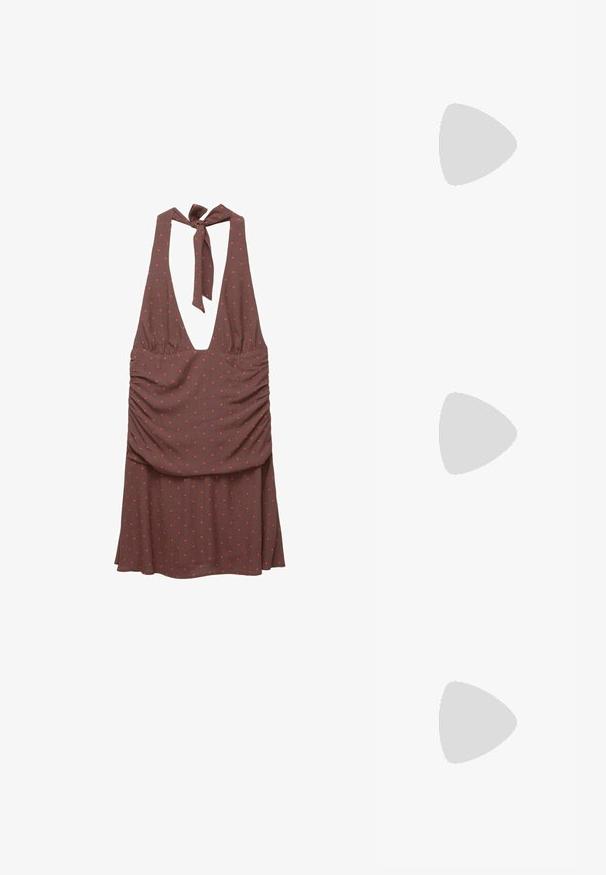 Brown dress with a deep V-neck, halter tie, ruching at the waist, and red polka dot pattern, flowing fabric with a slight drape.; Black patent heeled sandals with a square toe, ankle straps, and silver buckles. Features a chunky block heel for stability.; Brown tortoiseshell glasses with oval lenses, thin arms, and transparent accents. Features a subtle logo on the temple. Sleek, lightweight design.; Black leather handbag with a curved shape, detachable strap, and gold hardware. The bag features a flap with a buckle detail.