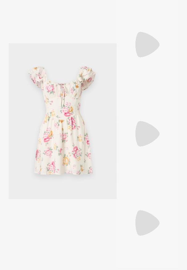 Blommig klänning i krämfärgad tyg, med rosa och gula blommor, korta puffärmar, samlad byst och en utsvängd kjoldesign.; Vit bomull t-shirt med en stor, lysande röd hummergrafik på framsidan. Kortsleeves och standard rundad halsdesign.; Vit hög topp canvas sneaker med svart gummisulan, framsidan gummitåhätta och sex öglor för snören, med en ren, minimalistisk design.; Röd läderhandväska med en vinkelrät, geometrisk design. Har ett justerbart axelband och en klaffstängning med sydda detaljer.