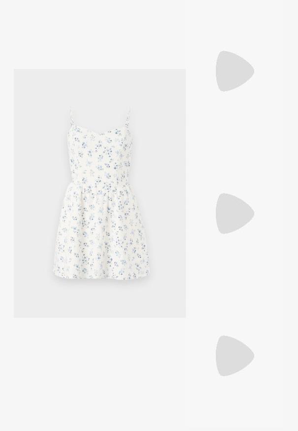 Floral dress with blue flowers on a white background. Features thin straps, a fitted bodice, and a flared skirt for a relaxed fit.; White cotton t-shirt featuring a large, bright red lobster graphic on the front. Short sleeves and standard crew neck design.; White high-top canvas sneaker with black rubber sole, front rubber toe cap, and six eyelets for laces, featuring a clean, minimalist design.; Red leather handbag with an angular, geometric design. Features a single adjustable strap and a flap closure with stitched detailing.