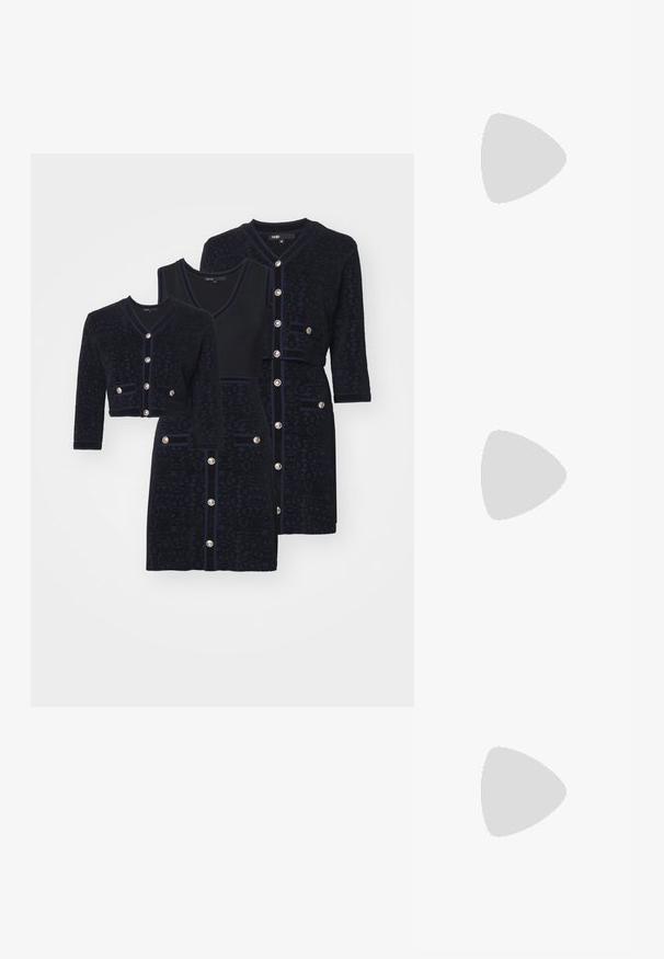 Maje Day dress - noir/marine; Black patent leather flat shoe with a squared toe, ankle strap featuring silver hardware, and flat sole. Smooth texture with minimalist design.; Maje MISS MINI - Cross body bag - noir; Gold-tone earrings with multiple cascading chains, featuring clear oval rhinestone accents and decorative stud tops.