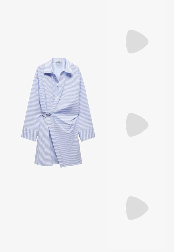 Mango Blusenkleid - light blue; Neon-grüne Sportschuhe mit einer strukturierten Oberseite, weißer Sohle und grünen Akzenten. Mit Schnürsenkeln, einem schwarzen Logo und einer runden Form.; Schwarze Handtasche aus lackiertem Leder mit einer einzigartigen, geschwungenen Form, kurzem verstellbarem Griff und einem Reißverschluss oben. Glatte Textur mit dezentem Branding.; Silberner Doppelring mit einer glatten, polierten Oberfläche. Verfügt über ein fließendes, kurviges Design mit überlappenden Abschnitten für einen modernen Look.