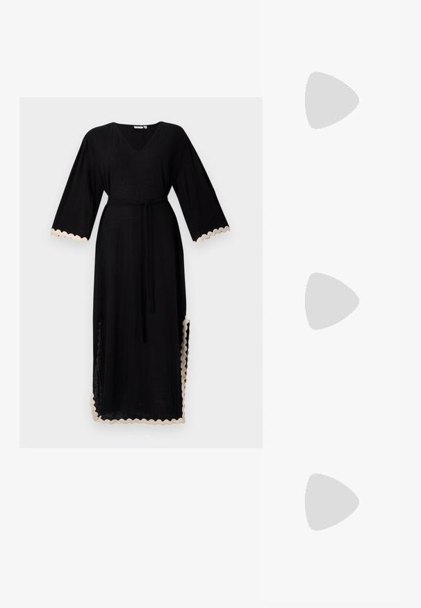 Black dress with a V-neck and wide sleeves, featuring a waist tie and cream scalloped trim on the sleeves and hem. Lightweight fabric.; Even&Odd ZORA - T-bar sandals - black; Even&Odd BUCKLE - Cross body bag - black; Pilgrim EARRINGS ZION - Earrings - gold-coloured