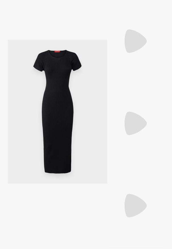 MAX&Co. TERUEL - Kotelomekko - black; Musta nahkainen ballerina, jossa on pyöristetty kärki, sileä pinta, minimaalinen ommelkoristelu ja joustava pohjamuotoilu.; Mustan nahka-buckettikassi, jossa on teksturoitu pinta, kultaiset metalliosat ja avoin yläosa. Ominaisuuksiin kuuluu lyhyt kahva ja säädettävä olkahihna.; Kultaketjut korvakorut, joissa on kierretystä muotoilusta valmistettu solmu. Jokaisessa korvassa on pyöreä, kirkas tausta varman käyttömukavuuden takaamiseksi.