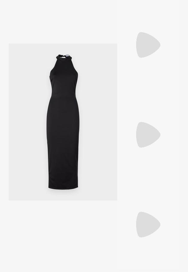 Juoda halter-neck suknele, prigludusi siluetas, lygus audinys, iki kelių ilgio su aukštu kaklu, featuring subtilia atvira nugara.; Juodos aukštakulnės šlepetės su keliais perrištomis juostelėmis. Lygi medžiaga, smailas nosis ir siauras kulnas. Reguliuojama kulkšnies juostelė su sagtimi.; Juodas odinis dėkliukas su atvarteliu ir auksinės metalinės sagties detalėmis. Įeina juodas diržas ir elegantiškas, minimalistinis dizainas.; Aukso auskarai su lygiu, blizgiu paviršiumi. Apvalus dizainas su maža užrakto dalimi ir skaidria atrama saugiam nešiojimui.