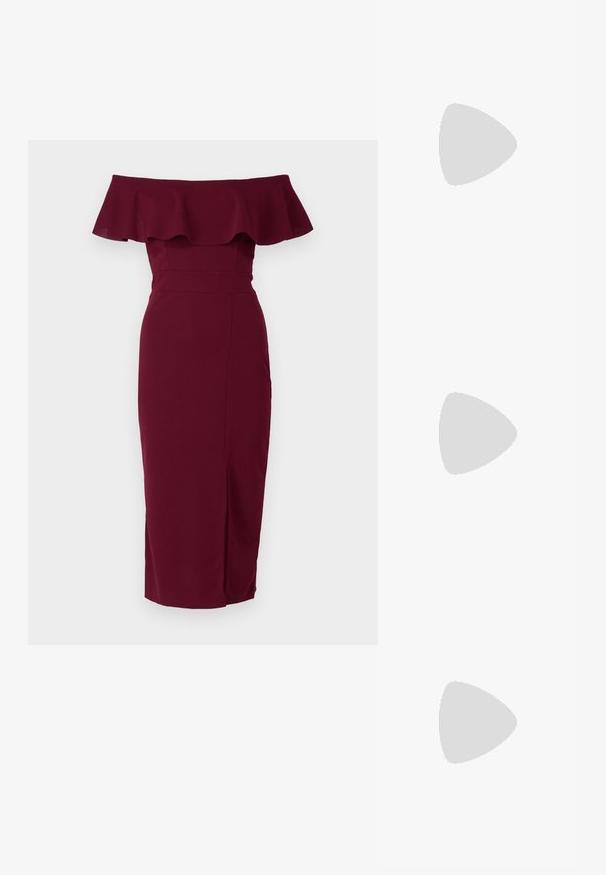 Fialová off-shoulder šaty s riaseným výstrihom, priliehavým strihom, dĺžkou po kolená a rozparkou na chrbte. Hladká textúra látky.; ALDO CRERIDE PILLOW WALK - Sandále - beige; Čierna kožená clutch taška s klopou a zlatým kovovým detailom s prackou. Obsahuje čierny remienok a elegantný, minimalistický dizajn.; Zlaté kruhové náušnice s hladkým, lesklým povrchom. Cirkulárny dizajn s malým steblom a jasným záznamom pre bezpečné nosenie.