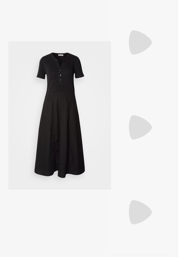 Black dress with short sleeves, ribbed bodice, and a buttoned neckline. Flared skirt design, smooth texture, knee-length.; Black patent leather slingback shoes with a pointed toe, silver hardware detail, and a low block heel. Smooth, shiny texture throughout.; Black leather handbag with a smooth texture. Features an adjustable strap and a sleek, minimalistic design with a zip closure.; Silver drop earrings with a square stud, featuring a smooth, polished finish and a teardrop shape, reflecting light with a glossy surface.