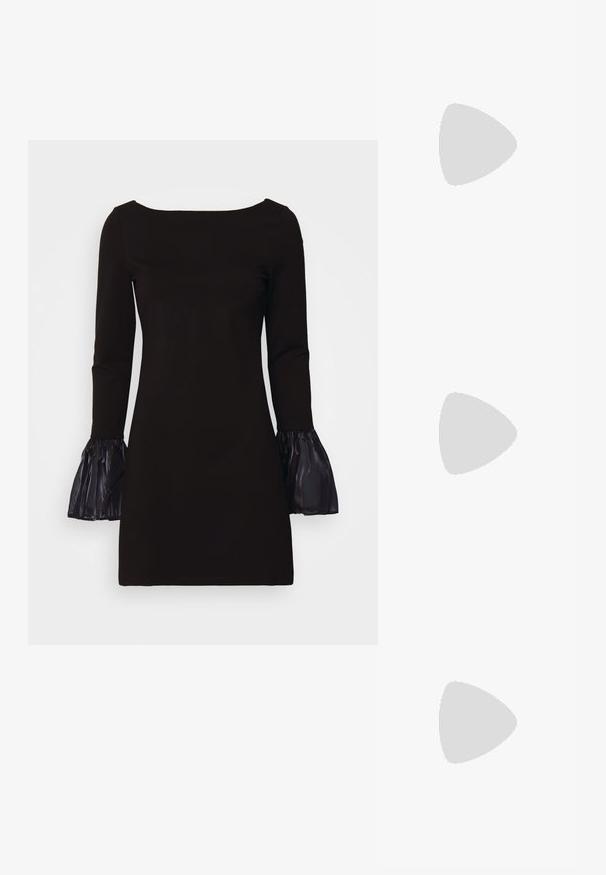 Black dress with a boat neckline and fitted bodice, featuring long sheer sleeves with gathered cuffs. Smooth texture and minimalist design.; Black leather slingback shoe with a pointed toe, slim high heel, and a decorative bow accent. Smooth texture and sleek design.; Silver metallic shoulder bag with a smooth texture, curved design, chain strap, and a polished front panel featuring a subtle logo engraving.; Silver earrings with a flowing, spiral design. Smooth texture with a polished finish. Features a subtle sheen and no visible embellishments.