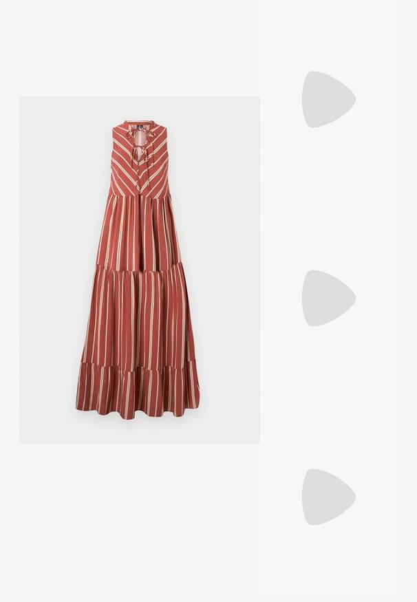Rochie maxi în nuanță ruginie, cu dungi verticale ivoire, având guler cu șiret, design fără mâneci și tiv cu volan pe etape. Textură din bumbac.; Tricou alb din bumbac, cu un grafic mare, viu colorat de homar roșu pe față. Mâneci scurte și un guler standard de tip crew neck.; Adidași albi tip pantofi sport cu glezna din pânză, cu talpă din cauciuc negru, capac de vârf din cauciuc frontal și șase ochiuri pentru șireturi, având un design curat și minimalist.; Geantă de mână din piele roșie, cu un design unghiular și geometric. Dispune de o singură curea ajustabilă și un sistem de închidere cu clapetă, cu detalii cusute.