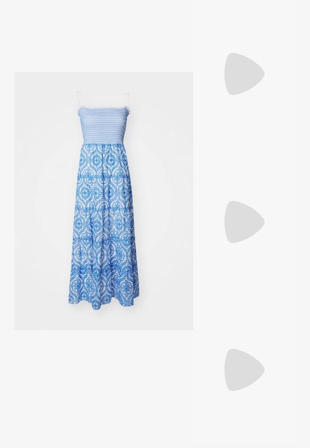 Maxidres s přiléhavým korzetem, ramenními šňůrkami a volnou sukní s vrstvením. Obsahuje složitý květinový vzor v modré a bílé barvě. Bavlněná tkanina.; Top bez rukávů s vysokým, těsným rolákem a vertikálními černobílými pruhy, vyrobený z texturované pleteniny.; Černé kožené baletní byty s kulatou špičkou, hladkou texturou, minimálními švy a flexibilním designem podrážky.; Hnědá kožená kabelka s klopou, zlatými kovovými detaily, ramenním popruhem a hladkým povrchem. Kompaktní obdélníkový tvar.