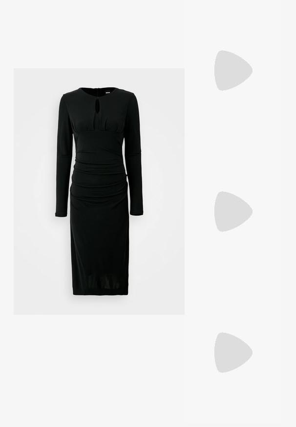 Black dress with long sleeves, round neckline, and keyhole detail. Features side ruching, form-fitting design, and knee-length cut.; Black leather slingback shoe with pointed toe, slender heel, and gold-tone hardware accent on the vamp. Smooth texture and structured design.; Black leather handbag with a textured finish, featuring two top handles, a detachable shoulder strap, and a silver clasp detail.; Silver metal hoop earrings with a smooth, shiny surface and a structured, rounded design. Features a hinged clasp for secure wear.