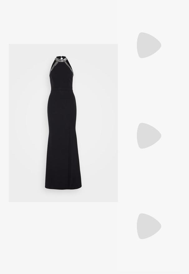 Svart kjole med halterneck, utsmykket med sølv detaljer. Tettsittende silhuett, gulvlengde med en sidesplitt for ekstra detaljer.; Sorte patent slingback hæl med spids tå, featuring tekstureret slangeskind, justerbar rem og en kort, tekstureret blokhæl.; Svart skinn crossbody veske med to frontlommer, gyldne spenner, glidelåslukking og en slank stropp. Teksturert overflate og kompakt rektangulær form.; Gullfargede metalløredobber med en buet, forlenget form. Har en jevn, blank overflate og en avrundet tupp for ekstra detaljer.