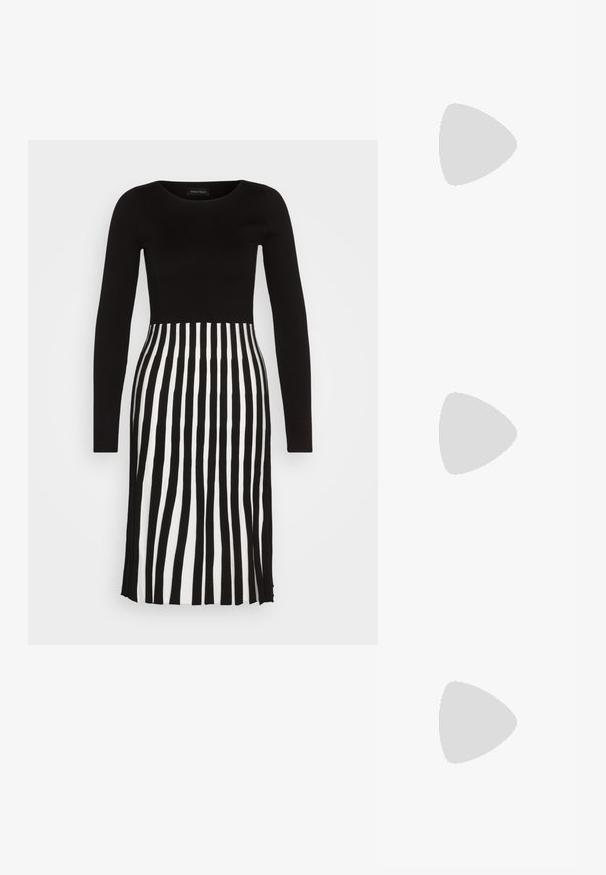 Anna Field Sarafanas - black/white; Sidabriniai slingback aukštakulniai batai su smailia pavadinimu, metaliniu paviršiumi, dviem dekoratyvinėmis juostelėmis ir lieknu kulnu su juodu galiuku.; Juodas odinis rankinukas su lygiu paviršiumi. Turi reguliuojamą diržą ir elegantišką, minimalistinį dizainą su užtrauktuku.; Sidabrinis dvigubas žiedas su lygiu, poliruotu paviršiumi. Pasižymi sklandžiu, kreiptu dizainu su persipinančiomis dalimis, suteikiančiomis modernų išvaizdą.