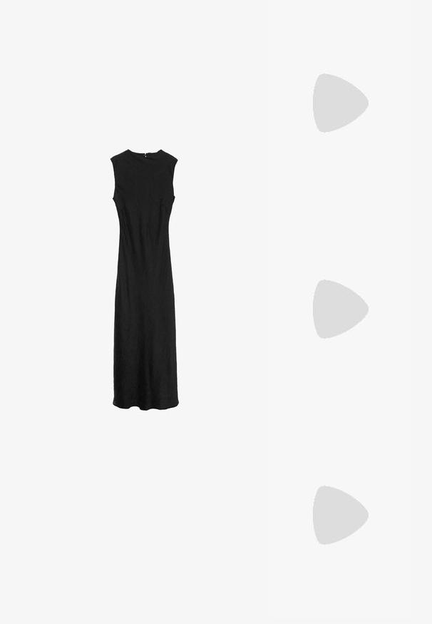 Black sleeveless dress with a round neckline, knee-length, textured fabric, and minimalistic design. Includes a back zipper closure.; Black patent leather sandal with a low heel, featuring crisscross straps and an adjustable ankle strap. Smooth, shiny surface.; Black leather handbag with a rounded shape, thick handle, and a silver chain strap. Smooth texture with a slight sheen.; Gold-colored metal bracelet with fluid, curvy design. Features a small, prominent, silver-colored accent at one end.