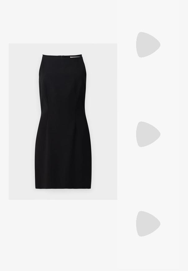 Black sleeveless dress featuring a fitted silhouette, smooth fabric, a zip closure at the back, and subtle seam detailing.; White leather sneakers, low-top design, featuring a smooth texture, round toe, laced front, and a small embroidered logo on the side.; Black leather half-moon bag with a gold hardware accent, featuring a zip closure. Worn crossbody over a gray sweater.; Gold-tone knot stud earrings with a twisted design. Each earring features a circular clear backing for secure wear.