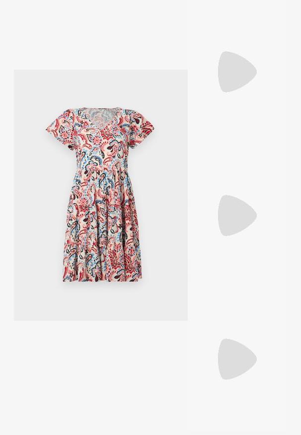 Short-sleeved, V-neck dress with a beige background, featuring a colorful paisley pattern in red, blue, and black, with gathered waist detail.; Gold metallic heeled sandal with an angular block heel, two straps over the foot, and an adjustable ankle strap. Smooth texture.; Even&Odd HALF MOON - Handbag - off-white; Gold hoop earrings with a smooth, shiny finish. Circular design featuring a small post and clear backing for secure wear.