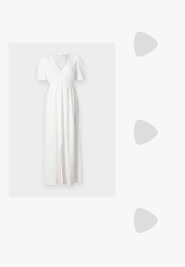 White maxi dress with a V-neck, short puff sleeves, button front, and embroidered dot pattern. Fabric is lightweight with a loose fit.; Pointed-toe high heel shoe with a silver, gold, and nude color scheme. Glossy finish with cutout design, featuring a stiletto heel.; Silver metallic pouch bag with a soft, rounded shape and a knotted top closure. Made from smooth faux leather material.; Silver hoop earrings with a twisted design, featuring a polished finish and post-back closure. Measure approximately 3 cm in diameter.