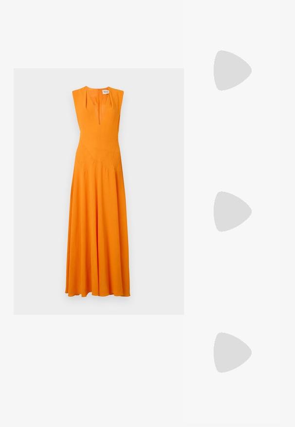 Long, sleeveless dress in bright orange fabric with a deep V-neckline, fitted bodice, and flared skirt. Seam detailing on the bodice.; Black patent leather slingback heels with a pointed toe and a geometric block heel. Features a sleek, minimal design and smooth texture.; Even&Odd Handbag - brown; Gold-tone hoop earrings with a smooth, polished finish. Features a half-circle shape and a secure post closure.
