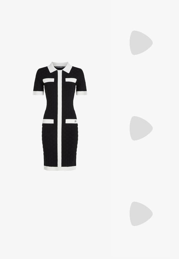 Black fitted dress with textured fabric, short sleeves, white collar, and vertical white stripes; features two front pockets with white detailing.; Black high-heeled sandals feature thin straps with a knotted design, a smooth square toe, and a sleek stiletto heel.; Light gray metallic handbag featuring a chain strap, embellished with small circular metallic studs and a triangular brand logo.; Silver hoop earrings with a smooth, shiny finish. Rounded shape, lightweight design, featuring a post-back closure.