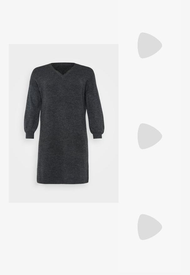 Dark gray knitted sweater dress with a V-neckline and long puff sleeves, finished with ribbed cuffs and hem. Textured fabric detail.; Black canvas high-top sneakers with white rubber soles and laces. Features a circular logo on the side and contrasting white stitching.; Black fabric handbag with two front pockets featuring bow details, dual handles, and zip closure. Soft texture and rectangular shape.; Gold hoop earrings featuring a smooth, rounded design with a shiny finish. Lightweight construction with a secure clasp closure.