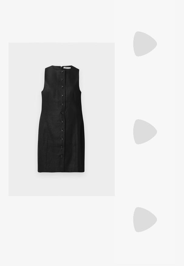 Rochie neagră fără mâneci, fabricată din in, cu tăietură dreaptă, decolteu rotund și șase nasturi frontali cu o textură netedă.; Pantofi cu toc slingback negri din patent, cu vârf ascuțit, cu imprimeu de șarpe texturat, curea ajustabilă și toc scurt texturat.; Geantă neagră din piele, tip crossbody, cu două buzunare frontale, catarame aurii, închidere cu fermoar și o curea subțire. Suprafață texturată și formă rectangulară compactă.; Lauren Ralph Lauren BASIC SMALL HOOP - Cercei - gold-coloured