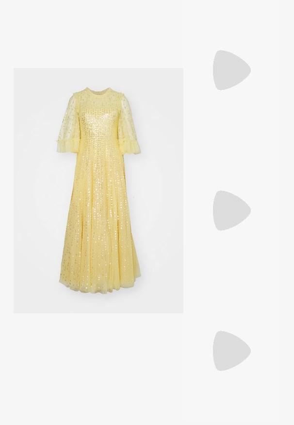 Needle & Thread RAINDROP SHORT SLEEVE ANKLE GOWN - Cocktailjurk - lemon; Gouden vegan leren sandalen met twee verstelbare banden, een kurken voetbed en een donker rubberen zool. Zachte textuur met metallic afwerking.; Rechthoekige zonnebril met een schildpad-print kunststof montuur, donkere lenzen en zilveren accenten aan de zijkanten. gemaakt in Italië.; Bruin leren schoudertas met logo-patroon, gouden kettingband, ritsluiting en gouden hardwareaccenten. Compacte en rechthoekige vorm.