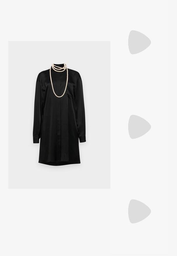 Mustmust särk-kleit pikka varrukatega, klassikalise kraega ja eesmine tasku. Aktsendina lisavad kihtidest koosnevad pärlite kaelakeed.; Even&Odd Saapad - dark red; Mustad musta plastist päikeseprillid klassikalise ruudukujulise raami, tumedate objektiivide ja ühe varre logo. Sile pind ja nähtavaid kaunistusi pole.; Loeffler Randall BOW SHOULDER BAG - Käekott - black