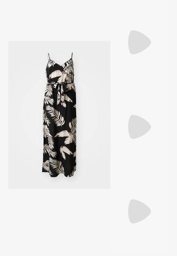 Robe maxi en tissu noir avec un motif de feuilles florales crème et bordeaux. Dotée de fines bretelles spaghetti et d'une taille nouée.; Sandales slingback en cuir synthétique noir avec texture crocodile, bout carré et petit talon. Présente des fines lanières reliant la semelle.; Sac à main métallisé argenté au design structuré, avec une poignée supérieure et un détail en nœud sur le devant. Texture lisse, fini réfléchissant.; Boucles d'oreilles en argent avec une finition lisse et polie. Forme ronde et fermeture à clip sécurisée. Design léger adapté pour un port quotidien.