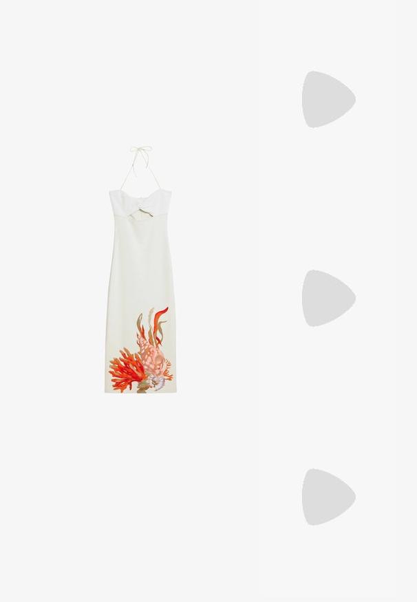 Sleeveless, white dress with a textured bodice and a bow detail. Features colorful coral and seashell artwork at the hem. Adjustable straps.; White canvas wedge shoe with ankle tie, jute-wrapped heel, round toe, and a textured fabric upper. Wedge measures approximately 7 cm.; Woven straw handbag in tan with a brown synthetic leather trim, featuring two short handles and a long adjustable strap.; Gold flower hair clip with textured petals and a central bead. Features five petals and a secure clasp design.
