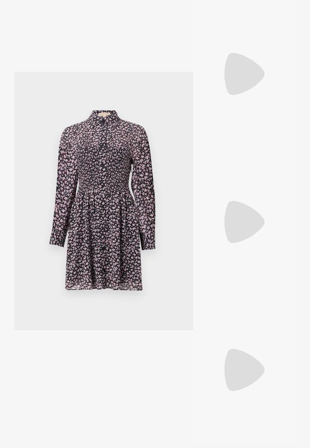 Musta mekko pitkillä hihoilla, rypytetty yläosa, vaaleanpunaisia ja valkoisia kukkakuoseja, pyöreä pääntie ja levenevä hame. Kevyt kangas.; Valkoinen lyhythihainen t-paita, joka on valmistettu ribbytedusta kankaasta. Pyöreä pääntiie, normaali istuvuus ja hienovaraiset ompeluyksityiskohdat. Ei kuvioita tai grafiikkaa.; Musta nahkainen ballerina, jossa on pyöristetty kärki, sileä pinta, minimaalinen ommelkoristelu ja joustava pohjamuotoilu.; Ruskea nahkainen käsilaukku, jossa on läppäkiinnitys, kultasävyiset yksityiskohdat, olkahihna ja sileä pinta. Kompaktin suorakaiteen muotoinen.