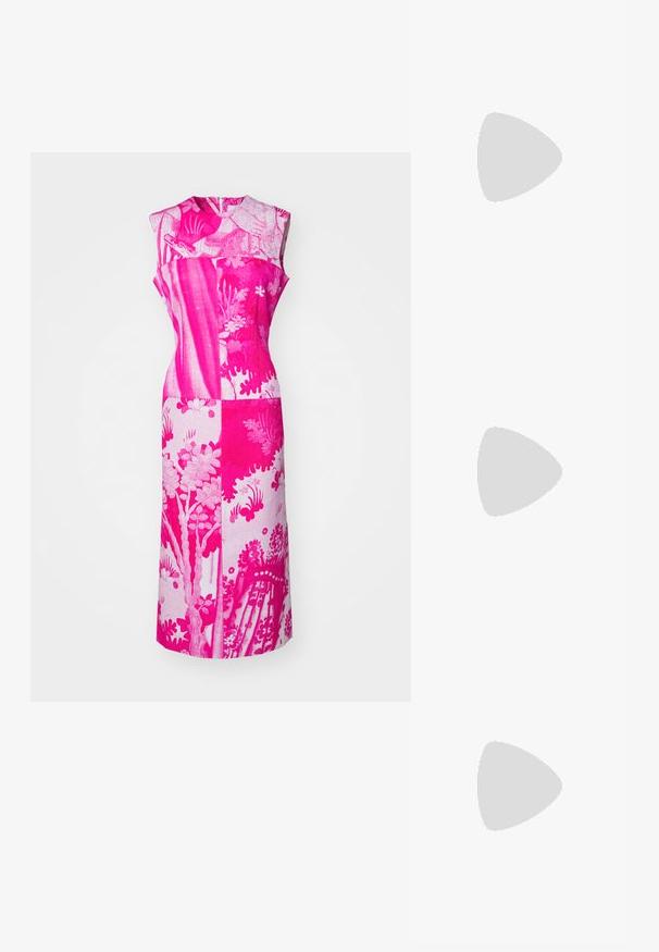Sleeveless pink dress featuring a floral pattern, varying shades of pink, and a straight silhouette with a round neckline and back closure.; Black leather slip-on mules with a pointed toe, gathered texture, and a small kitten heel. Features a drawstring detail at the opening.; Tortoiseshell sunglasses with a chunky, rectangular frame. Dark lenses and gold-tone accents on the temples. Smooth, glossy finish.; Silver pearl earrings with a curved, bean shape. Smooth, shiny surface and secured with a post and back closure.