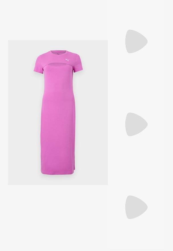 Puma WARDROBE MIDI CUT OUT DRESS - Džersio suknelė - wild berry; Juoda berankovė palaidinė su aukšta apykakle, lengva medžiaga, laisvas siluetas ir asimetriška apačia, kuri iš nugaros yra ilgesnė.; Juodi drobės sportbačiai su baltais raišteliais, balta guma ant pirštų ir masyvi balta vidurine dalimi. Yra subtilių baltų siūlių ir guminis padas.; Juodos stačiakampės saulės akinių su tamsiais lęšiais ir storais matiniais rėmeliais. Rėmelio kojos šiek tiek siaurėja ir turi lygią tekstūrą.