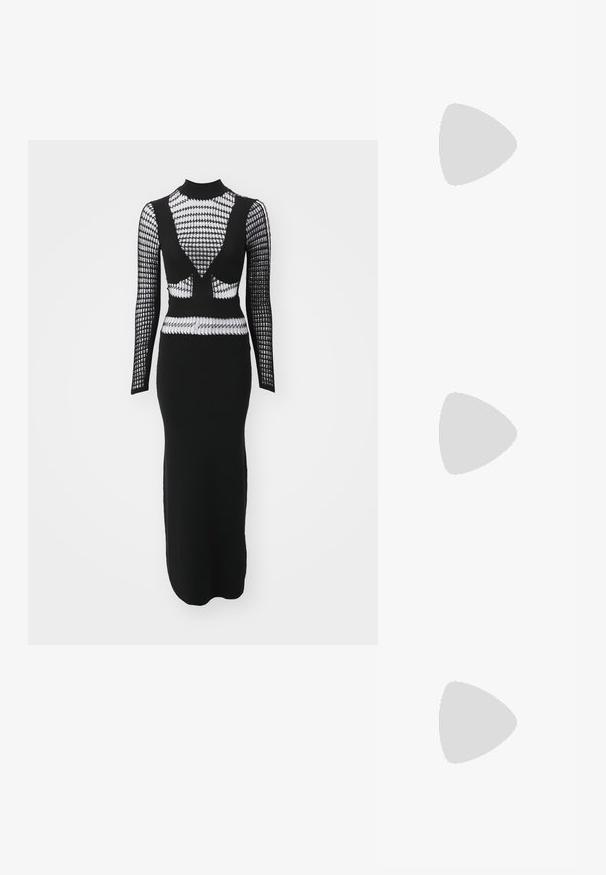 Iro BERYL - Sarafanas - black; Juoda odinė slingback tipo avalynė su smailiu pirštu, siauru aukštu kulnu ir dekoratyvine kaspino akcentu. Lygi tekstūra ir elegantiškas dizainas.; Juodas apklijuotas odinis krepšys su grandinės dirželiu, papuoštas kaukolės akcentais ir užtrauktuku. Strukturizuotas paviršius su blizgiu apdailu.; Juodas pintas virvutės vėrinys su poliruotu auksiniu širdies pakabuku, pasižyminčiu švelniomis formomis ir blizgiu paviršiumi.